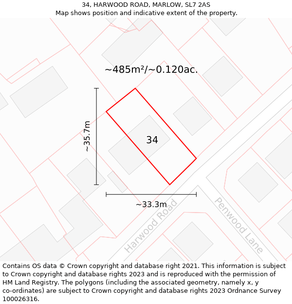 34, HARWOOD ROAD, MARLOW, SL7 2AS: Plot and title map