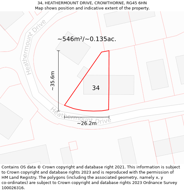 34, HEATHERMOUNT DRIVE, CROWTHORNE, RG45 6HN: Plot and title map