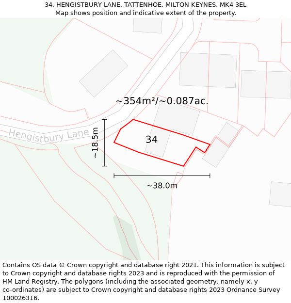 34, HENGISTBURY LANE, TATTENHOE, MILTON KEYNES, MK4 3EL: Plot and title map