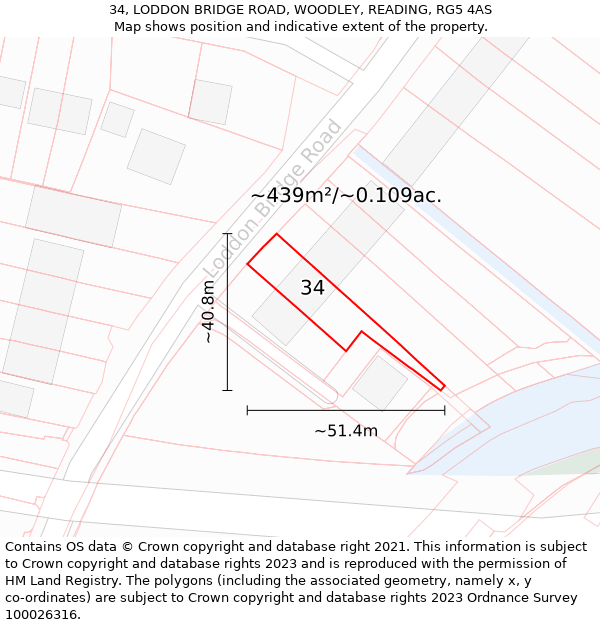 34, LODDON BRIDGE ROAD, WOODLEY, READING, RG5 4AS: Plot and title map
