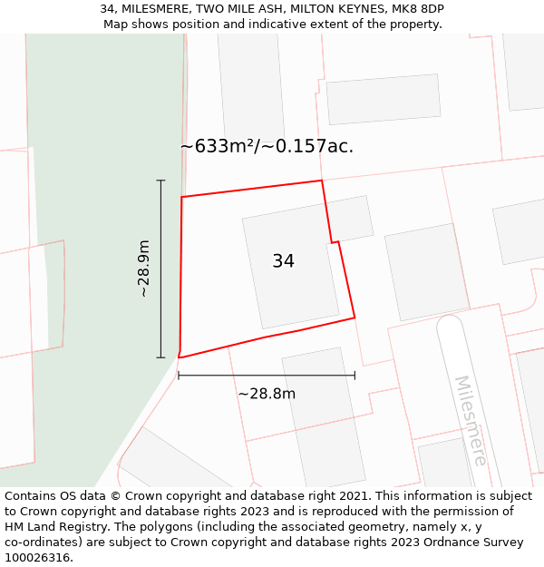 34, MILESMERE, TWO MILE ASH, MILTON KEYNES, MK8 8DP: Plot and title map