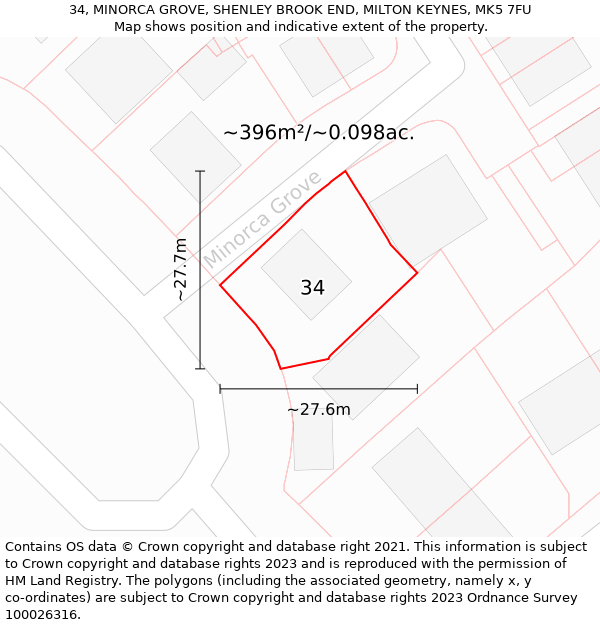 34, MINORCA GROVE, SHENLEY BROOK END, MILTON KEYNES, MK5 7FU: Plot and title map