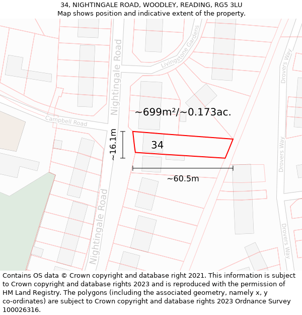 34, NIGHTINGALE ROAD, WOODLEY, READING, RG5 3LU: Plot and title map