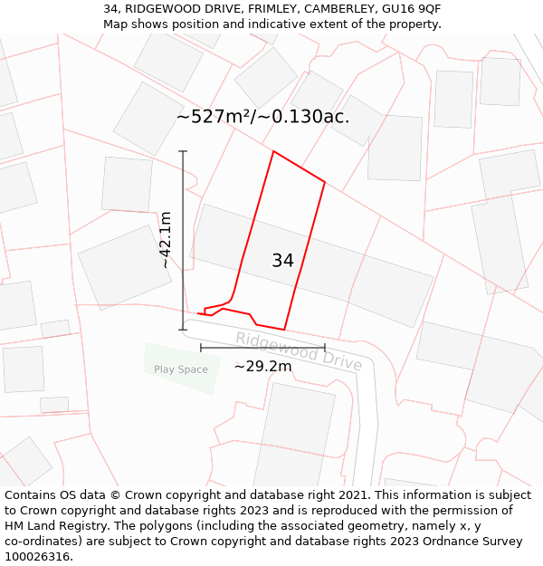 34, RIDGEWOOD DRIVE, FRIMLEY, CAMBERLEY, GU16 9QF: Plot and title map