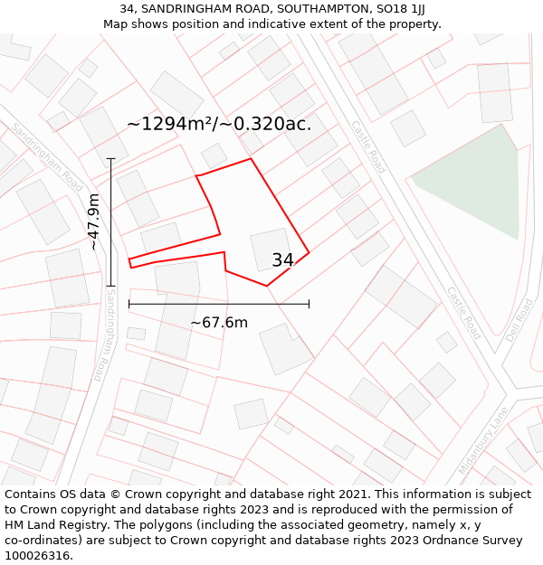 34, SANDRINGHAM ROAD, SOUTHAMPTON, SO18 1JJ: Plot and title map