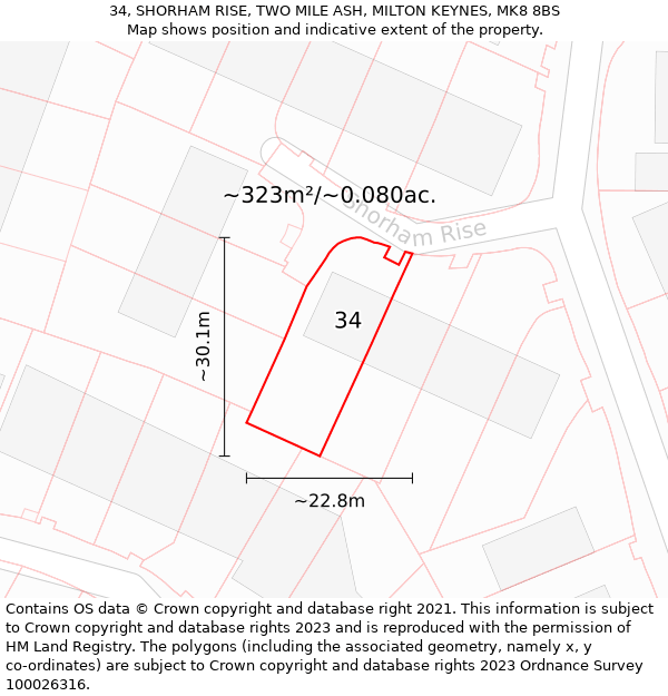 34, SHORHAM RISE, TWO MILE ASH, MILTON KEYNES, MK8 8BS: Plot and title map