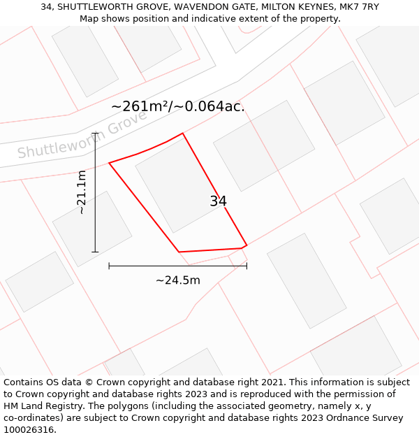 34, SHUTTLEWORTH GROVE, WAVENDON GATE, MILTON KEYNES, MK7 7RY: Plot and title map