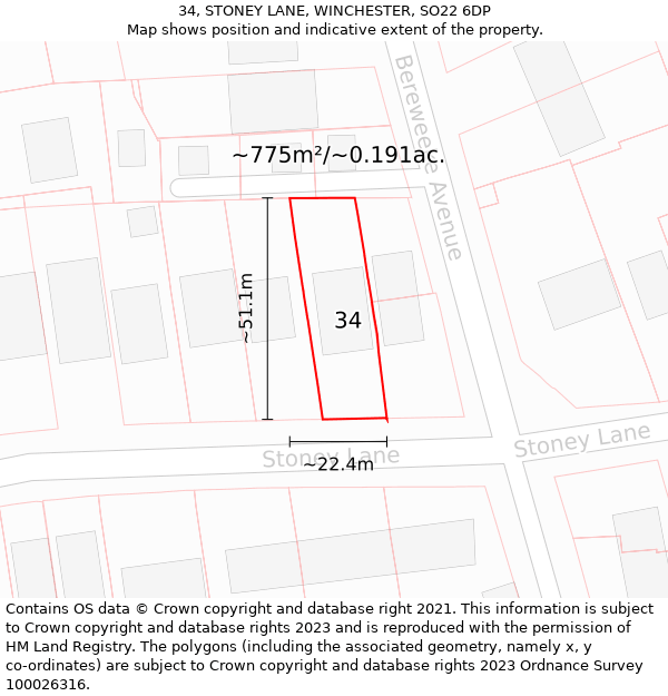 34, STONEY LANE, WINCHESTER, SO22 6DP: Plot and title map