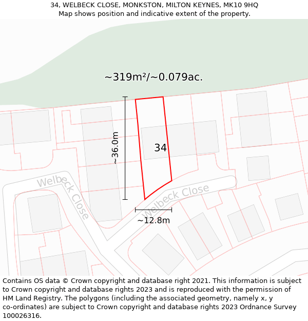 34, WELBECK CLOSE, MONKSTON, MILTON KEYNES, MK10 9HQ: Plot and title map