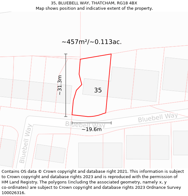 35, BLUEBELL WAY, THATCHAM, RG18 4BX: Plot and title map