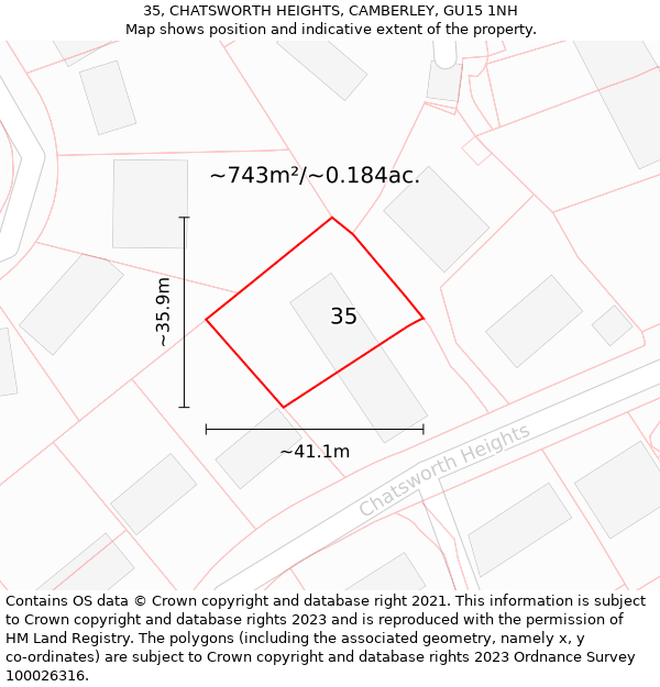 35, CHATSWORTH HEIGHTS, CAMBERLEY, GU15 1NH: Plot and title map