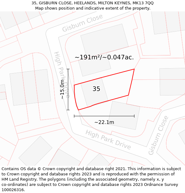 35, GISBURN CLOSE, HEELANDS, MILTON KEYNES, MK13 7QQ: Plot and title map