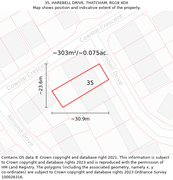 35, HAREBELL DRIVE, THATCHAM, RG18 4DX: Plot and title map