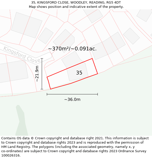 35, KINGSFORD CLOSE, WOODLEY, READING, RG5 4DT: Plot and title map