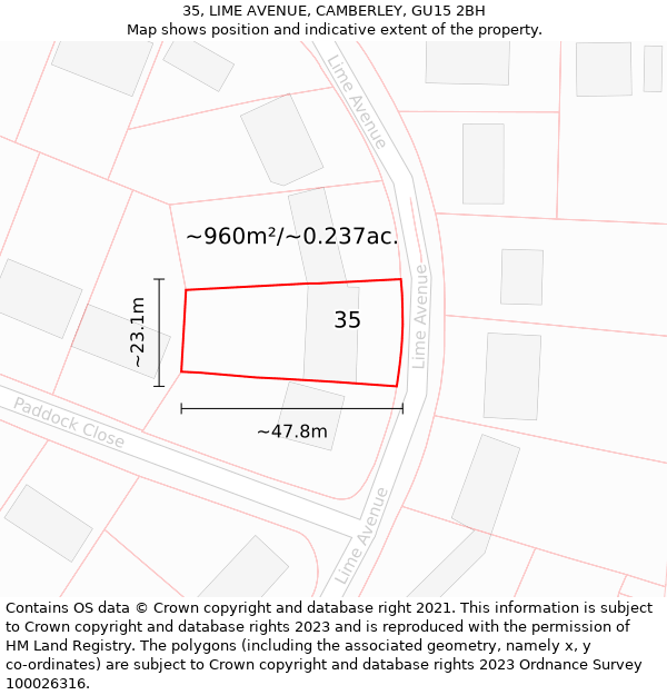 35, LIME AVENUE, CAMBERLEY, GU15 2BH: Plot and title map