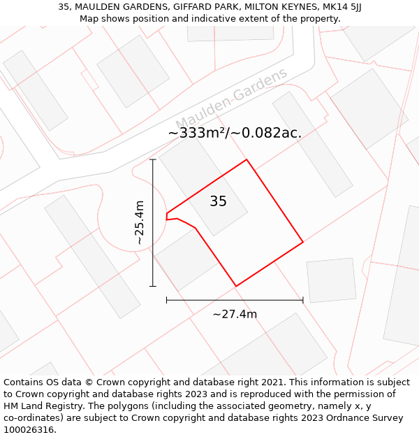 35, MAULDEN GARDENS, GIFFARD PARK, MILTON KEYNES, MK14 5JJ: Plot and title map