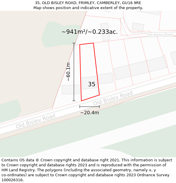 35, OLD BISLEY ROAD, FRIMLEY, CAMBERLEY, GU16 9RE: Plot and title map