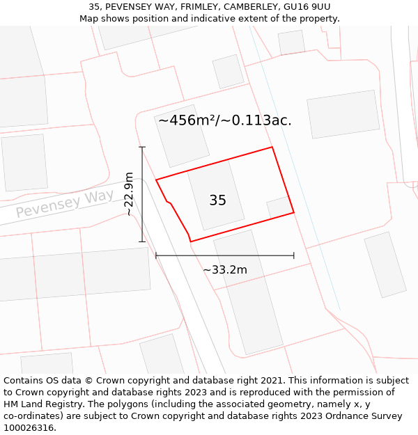 35, PEVENSEY WAY, FRIMLEY, CAMBERLEY, GU16 9UU: Plot and title map