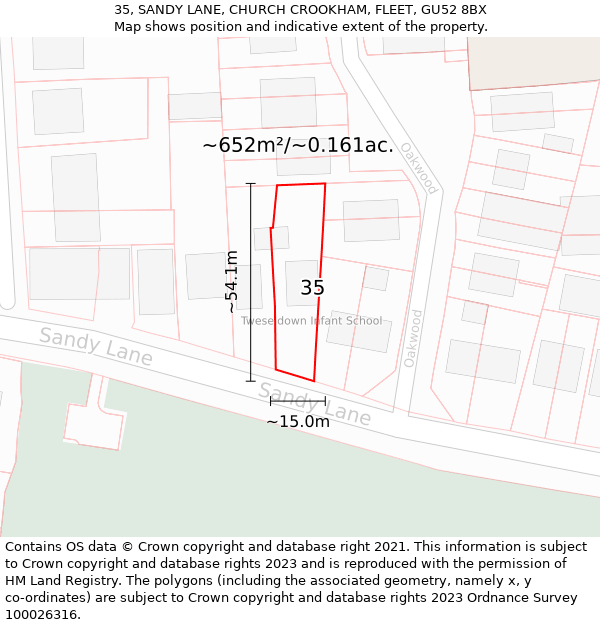 35, SANDY LANE, CHURCH CROOKHAM, FLEET, GU52 8BX: Plot and title map