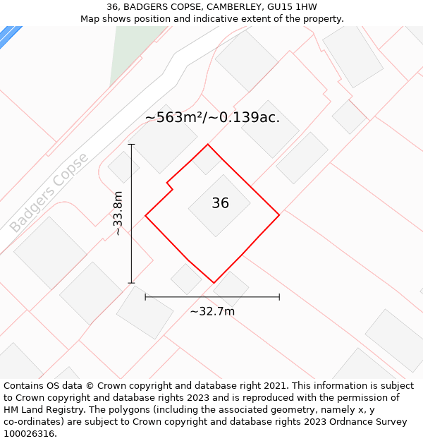 36, BADGERS COPSE, CAMBERLEY, GU15 1HW: Plot and title map