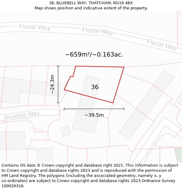 36, BLUEBELL WAY, THATCHAM, RG18 4BX: Plot and title map