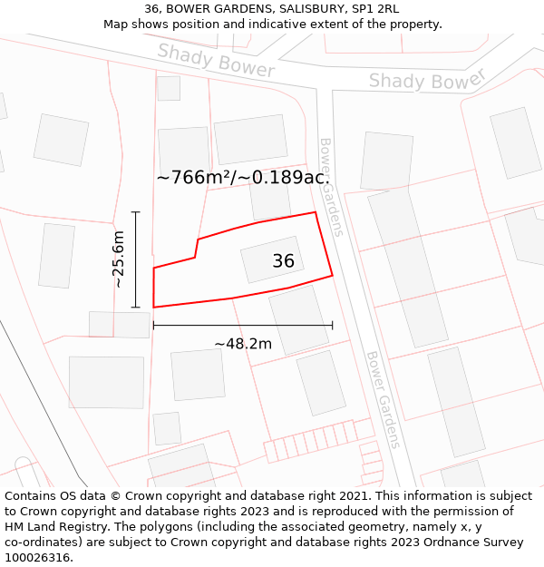 36, BOWER GARDENS, SALISBURY, SP1 2RL: Plot and title map