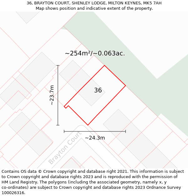 36, BRAYTON COURT, SHENLEY LODGE, MILTON KEYNES, MK5 7AH: Plot and title map