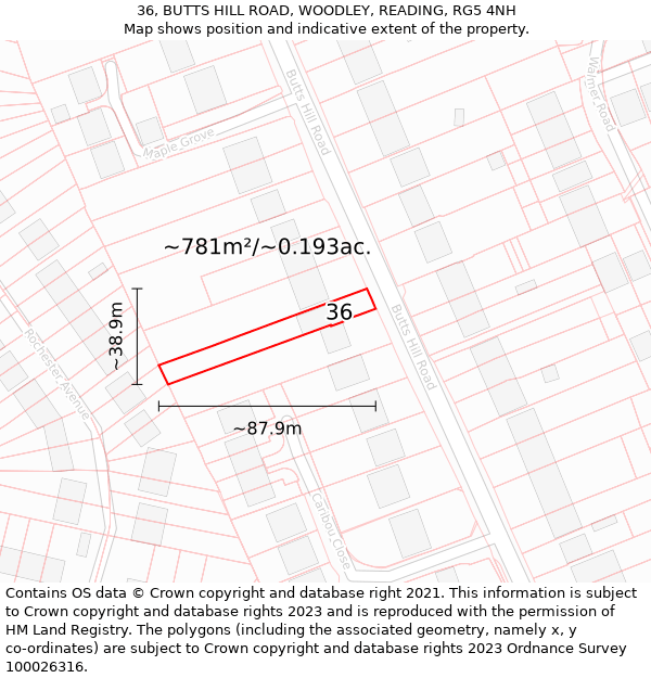 36, BUTTS HILL ROAD, WOODLEY, READING, RG5 4NH: Plot and title map