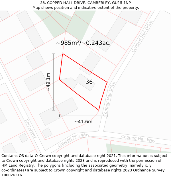 36, COPPED HALL DRIVE, CAMBERLEY, GU15 1NP: Plot and title map