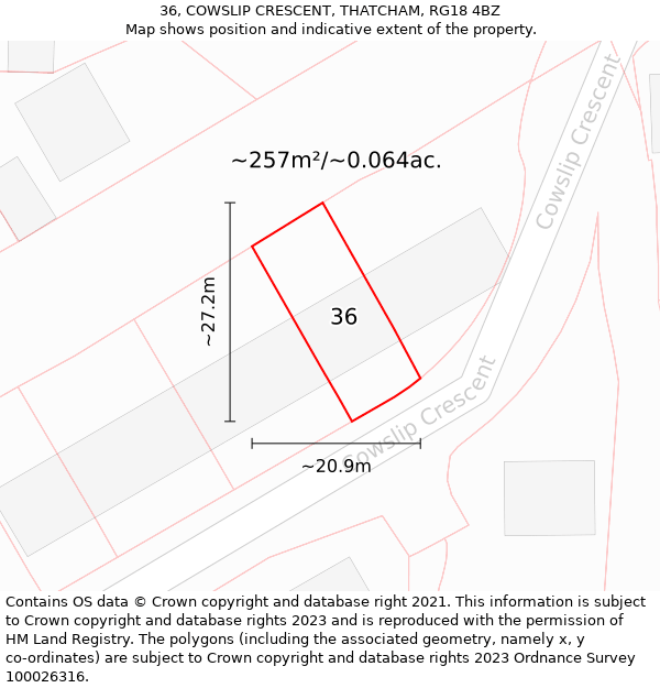 36, COWSLIP CRESCENT, THATCHAM, RG18 4BZ: Plot and title map