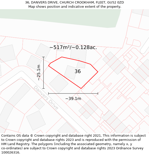 36, DANVERS DRIVE, CHURCH CROOKHAM, FLEET, GU52 0ZD: Plot and title map