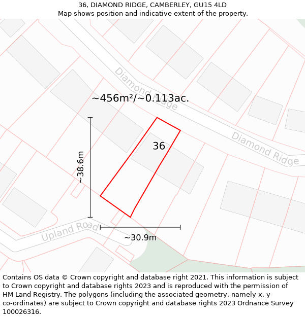 36, DIAMOND RIDGE, CAMBERLEY, GU15 4LD: Plot and title map