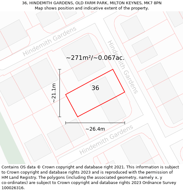 36, HINDEMITH GARDENS, OLD FARM PARK, MILTON KEYNES, MK7 8PN: Plot and title map