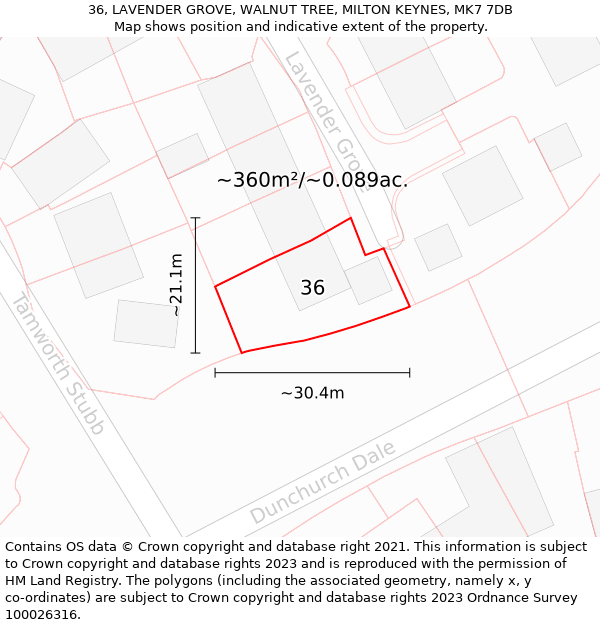 36, LAVENDER GROVE, WALNUT TREE, MILTON KEYNES, MK7 7DB: Plot and title map