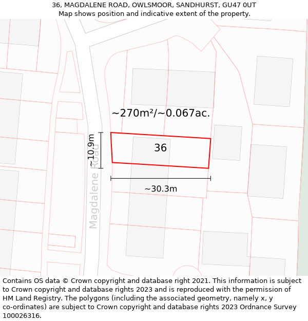 36, MAGDALENE ROAD, OWLSMOOR, SANDHURST, GU47 0UT: Plot and title map