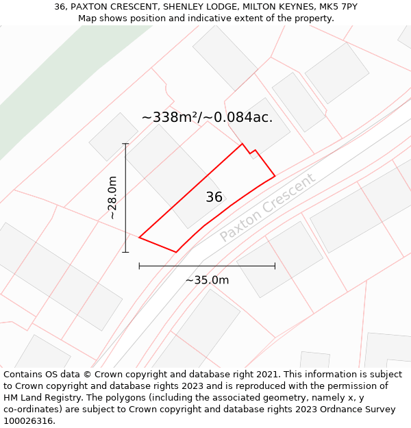 36, PAXTON CRESCENT, SHENLEY LODGE, MILTON KEYNES, MK5 7PY: Plot and title map