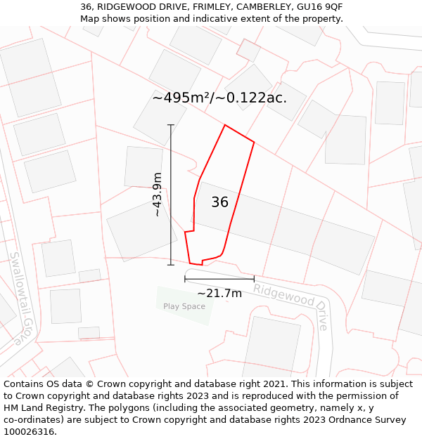 36, RIDGEWOOD DRIVE, FRIMLEY, CAMBERLEY, GU16 9QF: Plot and title map