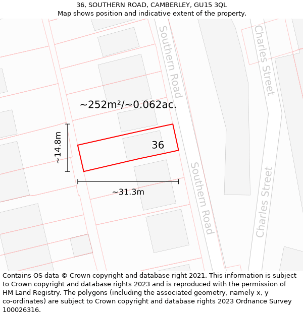 36, SOUTHERN ROAD, CAMBERLEY, GU15 3QL: Plot and title map