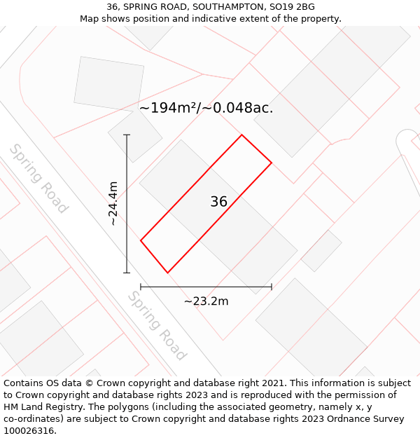 36, SPRING ROAD, SOUTHAMPTON, SO19 2BG: Plot and title map