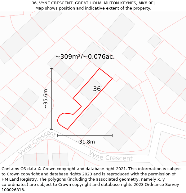 36, VYNE CRESCENT, GREAT HOLM, MILTON KEYNES, MK8 9EJ: Plot and title map