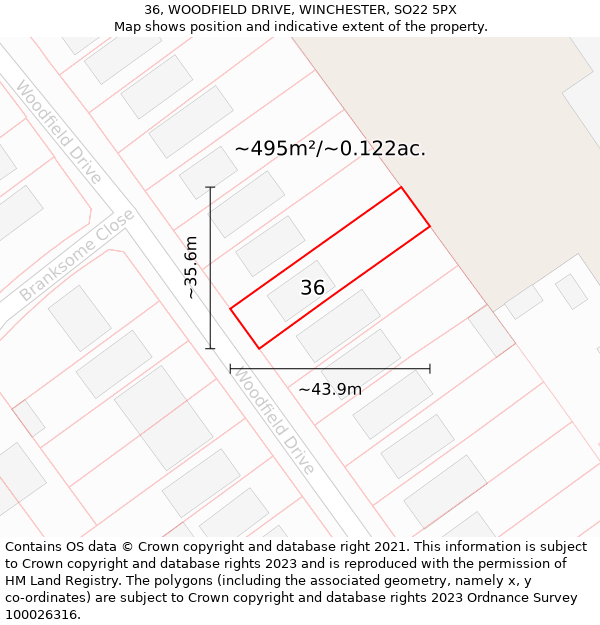 36, WOODFIELD DRIVE, WINCHESTER, SO22 5PX: Plot and title map