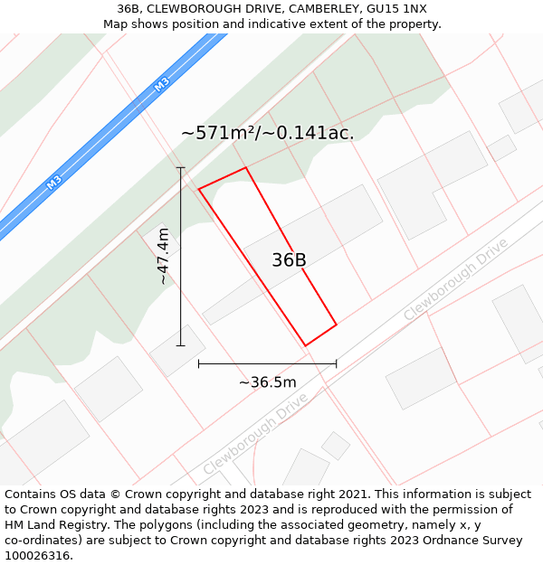 36B, CLEWBOROUGH DRIVE, CAMBERLEY, GU15 1NX: Plot and title map