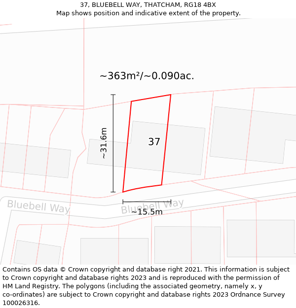 37, BLUEBELL WAY, THATCHAM, RG18 4BX: Plot and title map