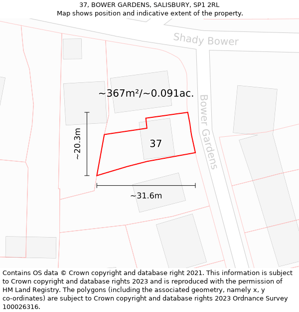 37, BOWER GARDENS, SALISBURY, SP1 2RL: Plot and title map