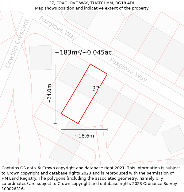 37, FOXGLOVE WAY, THATCHAM, RG18 4DL: Plot and title map