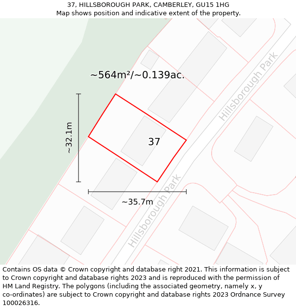 37, HILLSBOROUGH PARK, CAMBERLEY, GU15 1HG: Plot and title map