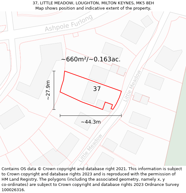 37, LITTLE MEADOW, LOUGHTON, MILTON KEYNES, MK5 8EH: Plot and title map