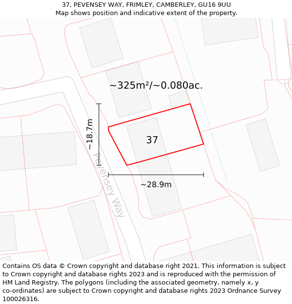 37, PEVENSEY WAY, FRIMLEY, CAMBERLEY, GU16 9UU: Plot and title map