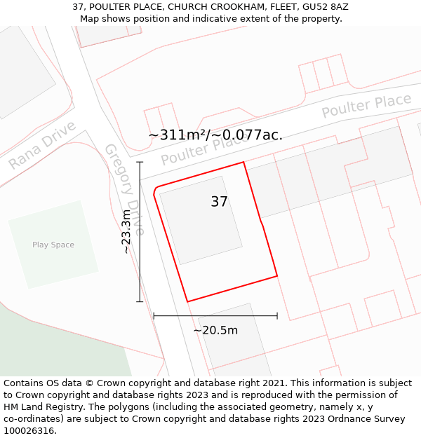 37, POULTER PLACE, CHURCH CROOKHAM, FLEET, GU52 8AZ: Plot and title map