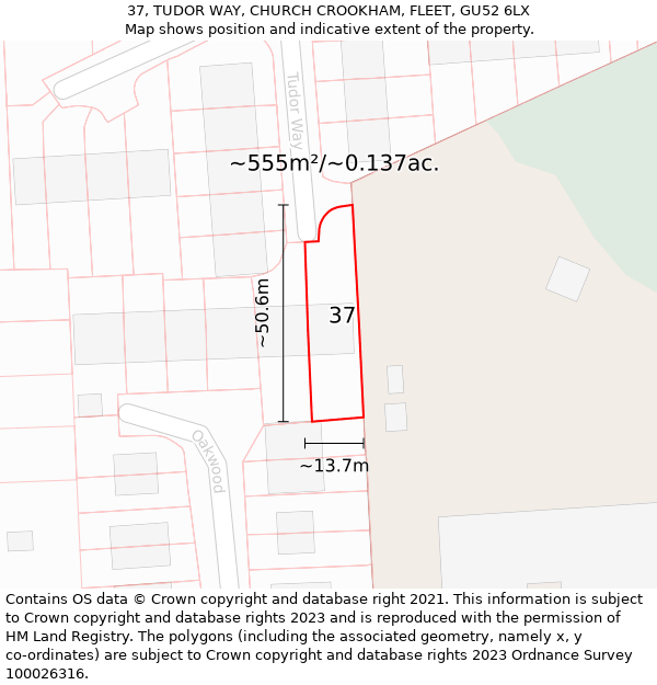 37, TUDOR WAY, CHURCH CROOKHAM, FLEET, GU52 6LX: Plot and title map